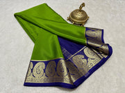 This Light Green Saree and blue border  with zari Weaving Border semi mysore silk sarees with price under 1000 . . this fabric smooth and very softness and this fabric Light Green semi mysore silk saree with zari weaving work this price under 1000 .